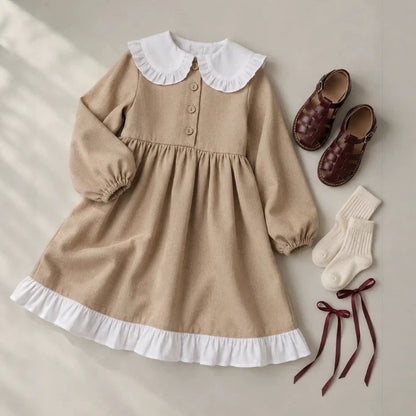 2027 INS Rusia Vestido sencillo de lino y algodón para niña con cuello de muñeca y encaje, vestido de princesa estilo JK infantil【mh0014746】