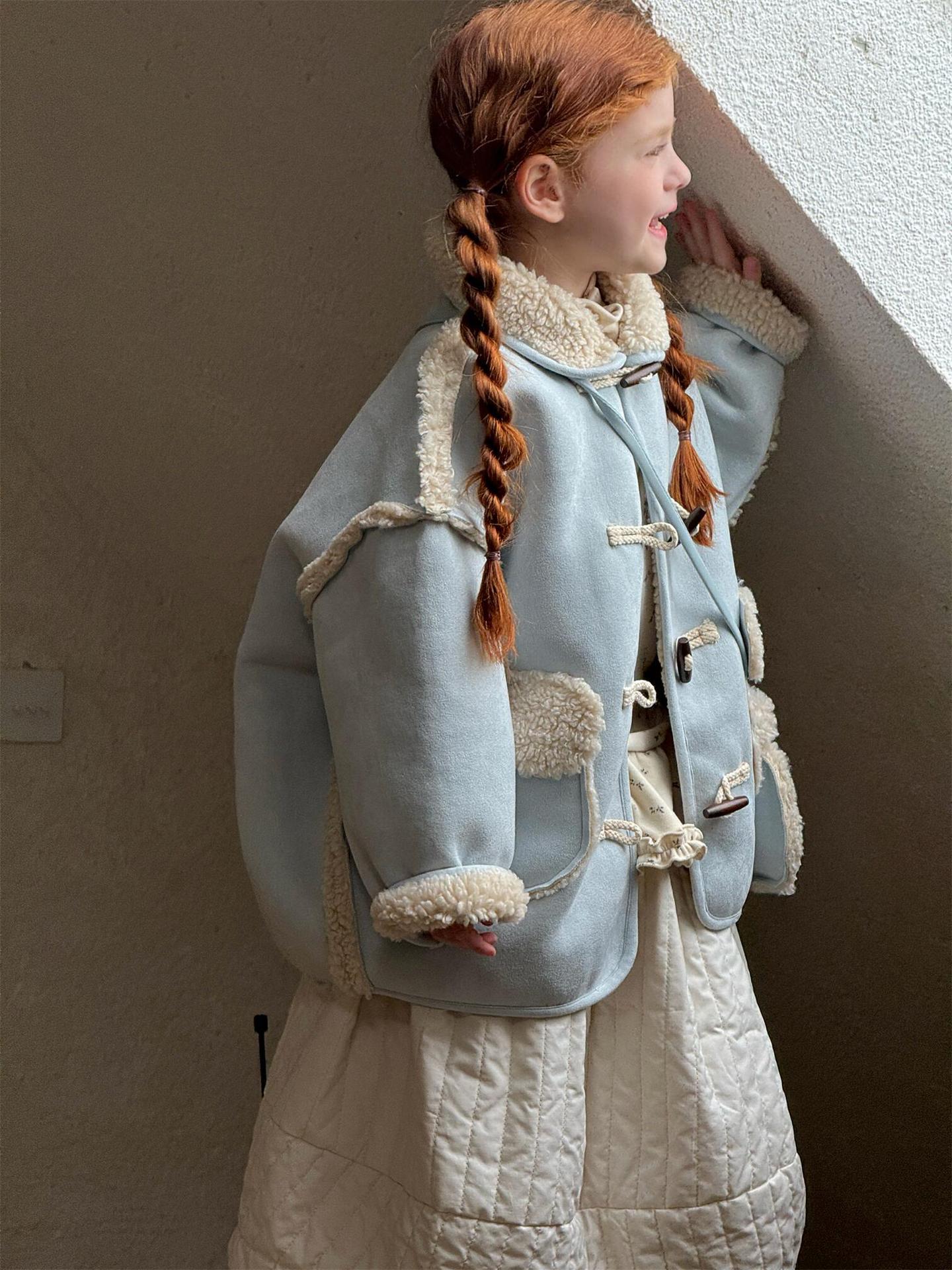 Faux shearling duffle coat with boa, dull blue, mid-length [mh0011751]