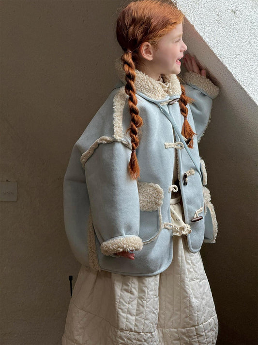 Faux shearling duffle coat with boa, dull blue, mid-length [mh0011751]