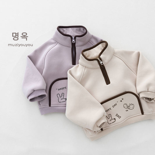 Sudadera infantil con cuello alzado, media cremallera, forro de borreguito y bordado de conejo【mh0014512】