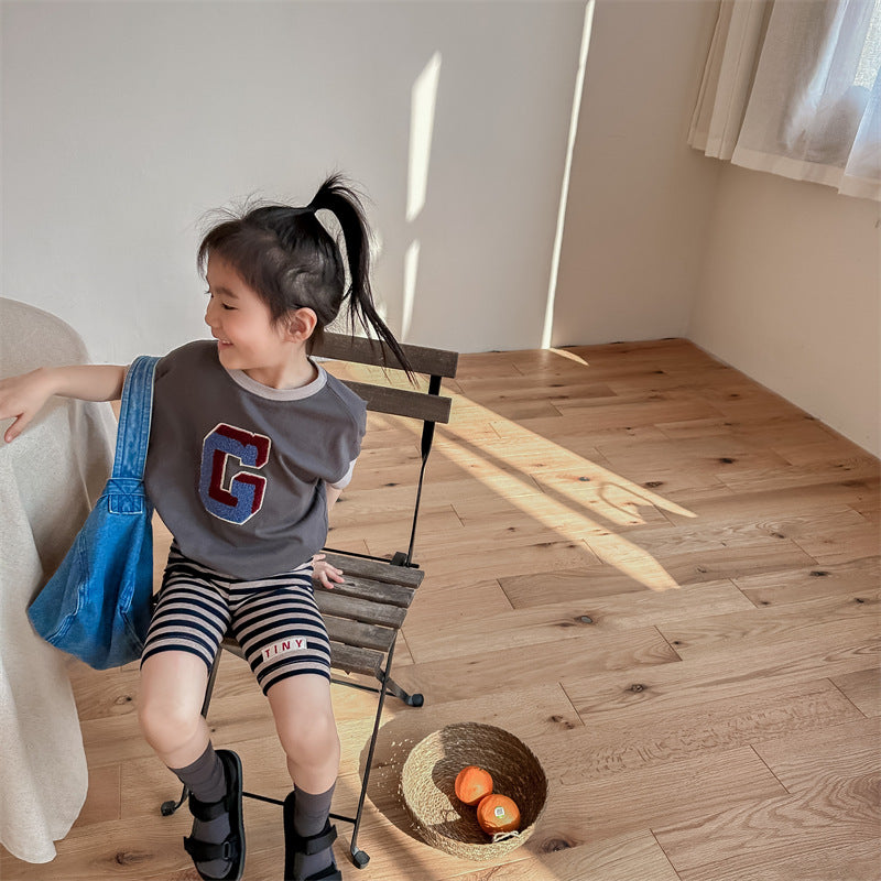 Kids' Alphabet Patchwork Applique Ringer Loose Short-Sleeved T-Shirt [mh0001820]