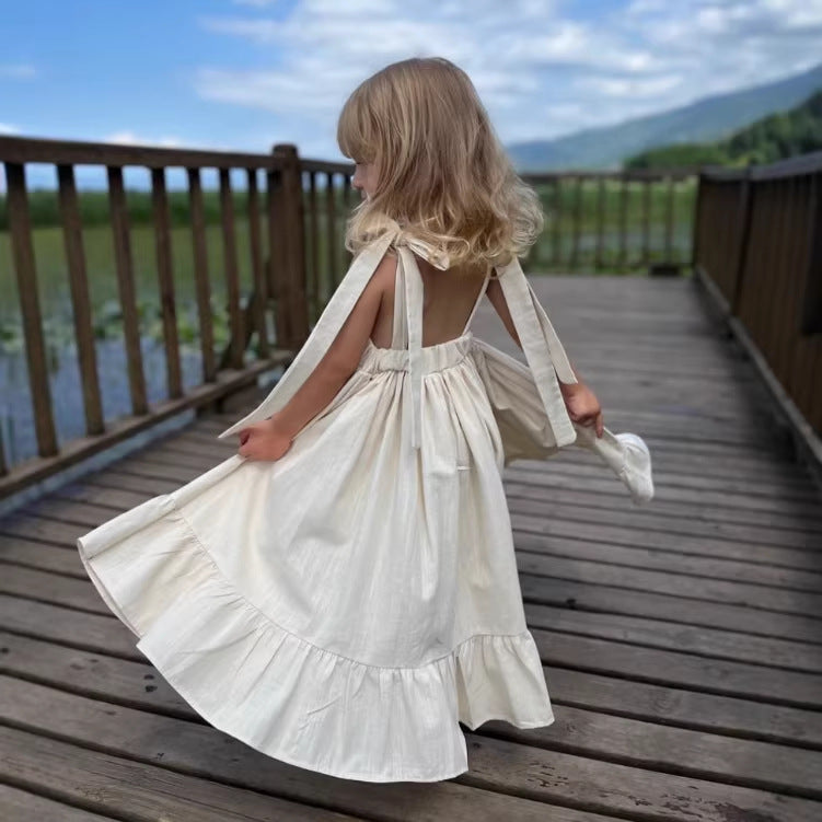 Kids' Back Ribbon Ruffle Hem A-Line Sleeveless Camisole Dress [mh0013871]