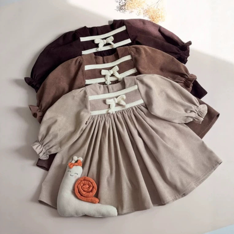 Kids' Bow Motif Corduroy Long-Sleeve Dress [mh0014737]