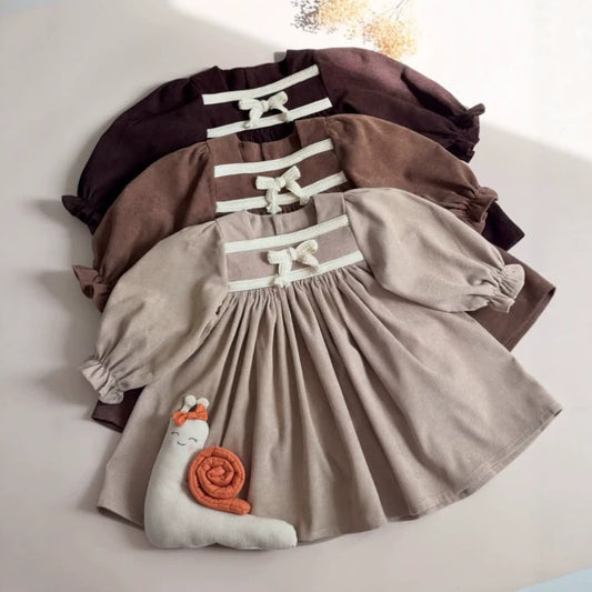 Kids' Bow Motif Corduroy Long-Sleeve Dress [mh0014737]