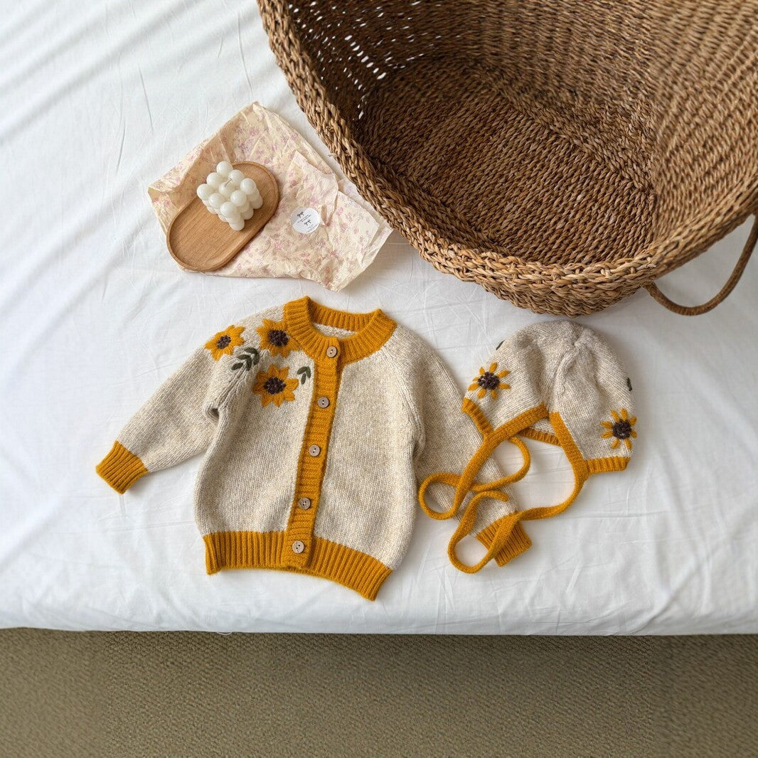 キッズ サンフラワー フラワー 刺繍 帽子付き ニット カーディガン【mh0014531】