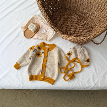 キッズ サンフラワー フラワー 刺繍 帽子付き ニット カーディガン【mh0014531】
