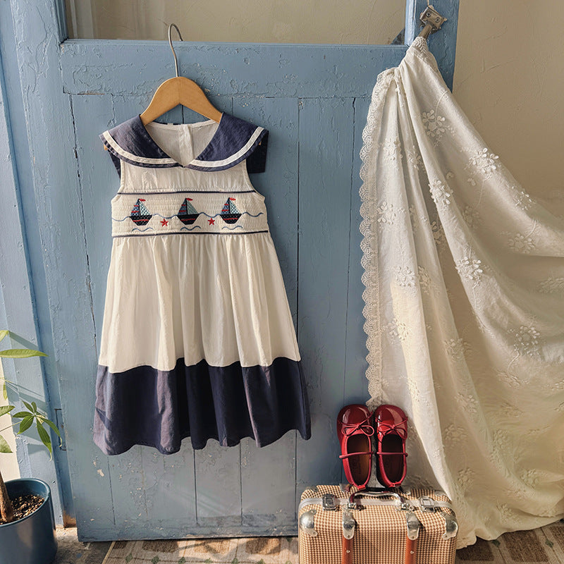 ヨット刺繍 セーラーカラー ノースリーブワンピース レトロモダン【mh0013662】
