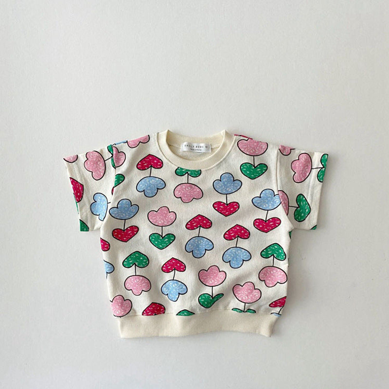 ベビー キッズ プリント 半袖Tシャツ ショートパンツ セット【mh0000766】