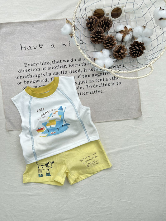 Korean INS Cartoon Bear Tank Top and Shorts Two-Piece Set, Boys' Girls' T-Shirt Set, Refreshing Summer Kids' Wear Set