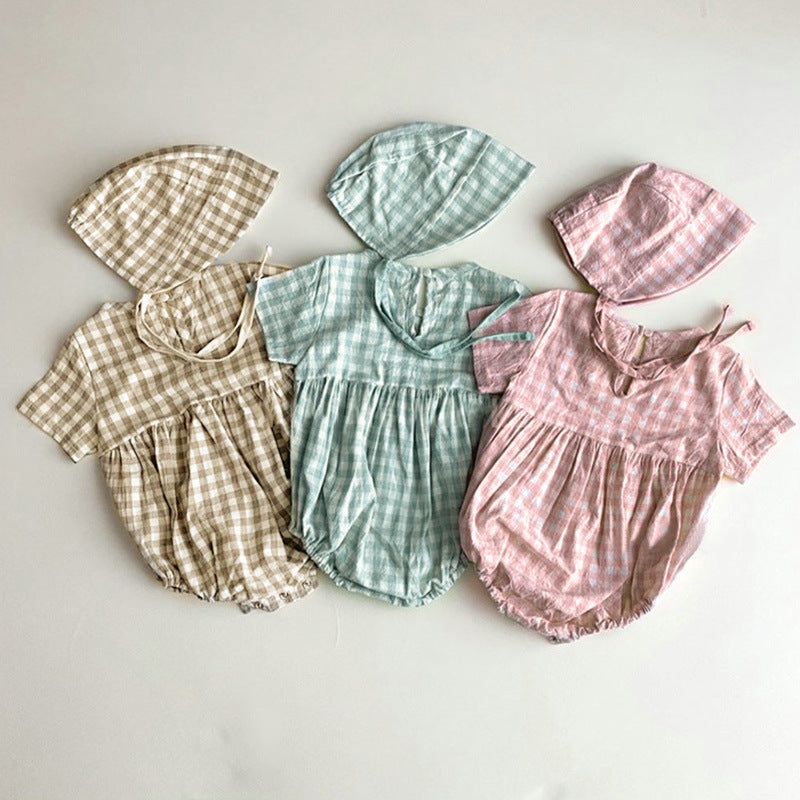 Plaid Short Sleeve Romper with Bonnet チェック柄 半袖 ロンパース ボンネット【mh0012673】