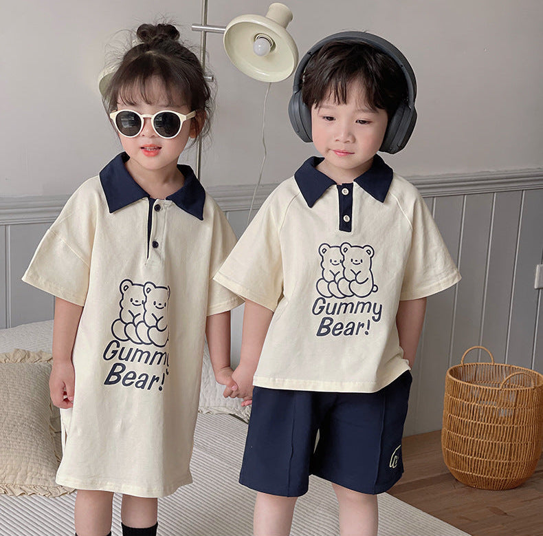 Polo de manga corta con estampado de osos para niños, pantalones cortos y vestido [mh0001950]