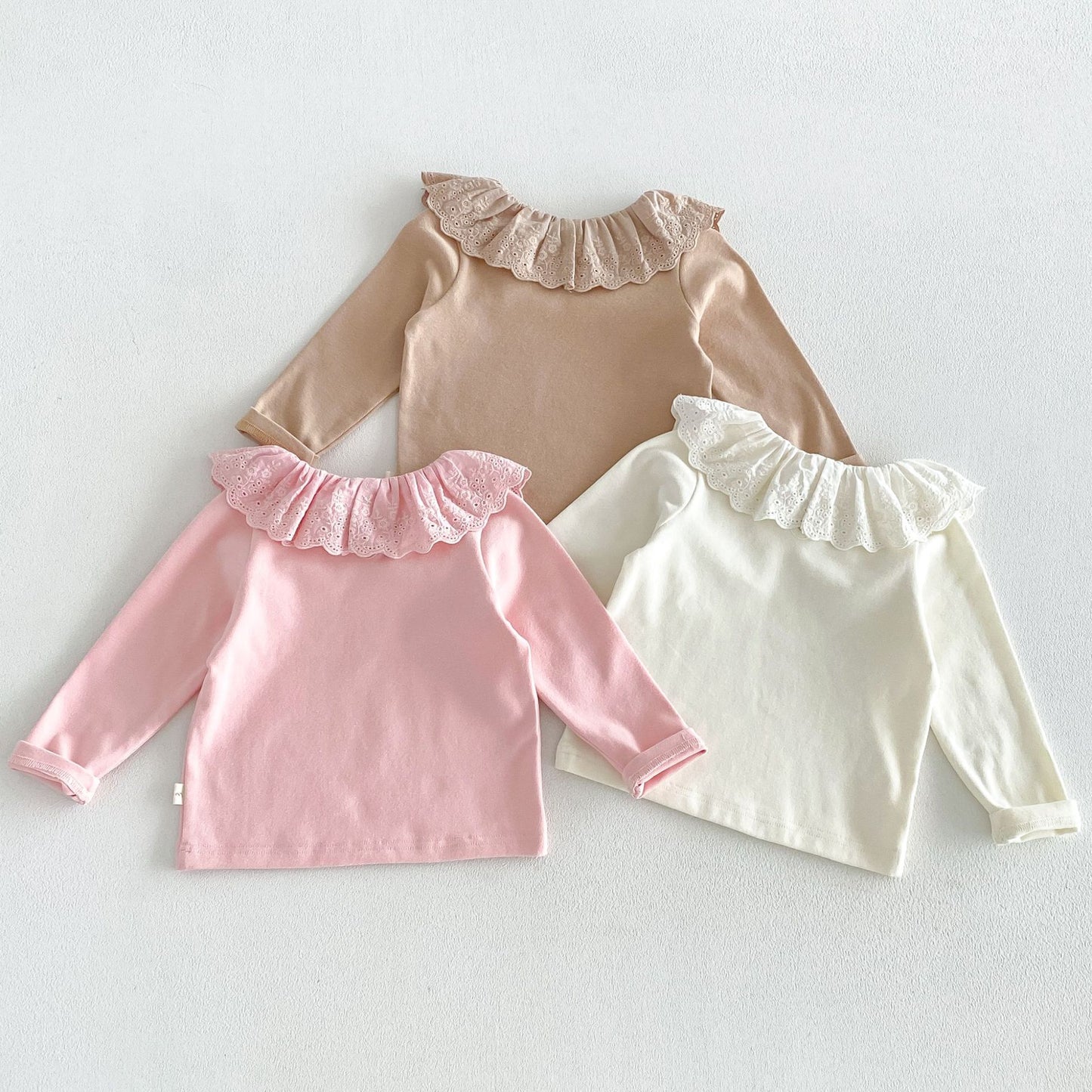 Camiseta de manga larga con cuello y dobladillo de volantes para niñas y pantalón acampanado【mh0014029】