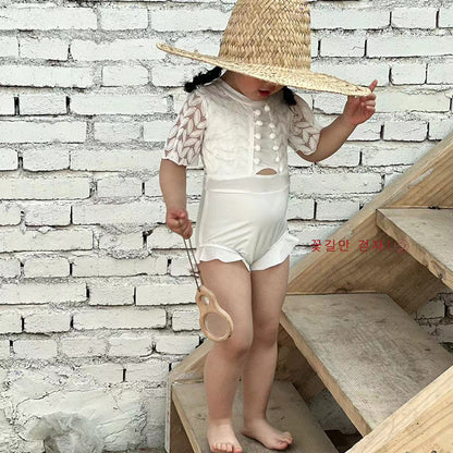 Lace Cutout Backless One-Piece Swimwear レース 半袖ワンピース水着【mh0013345】