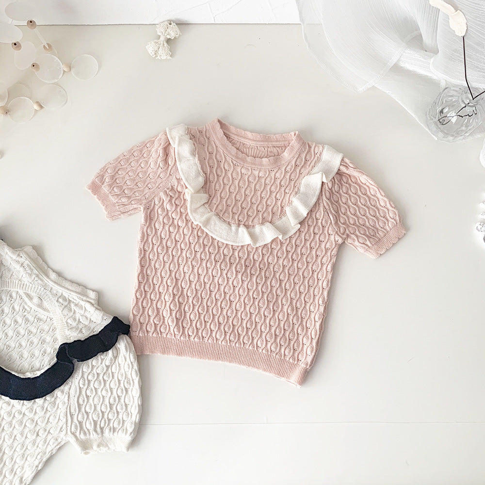 Baby Kids Openwork Knit Ruffled Summer Top Backless Short Sleeve T-Shirt [mh0002013]