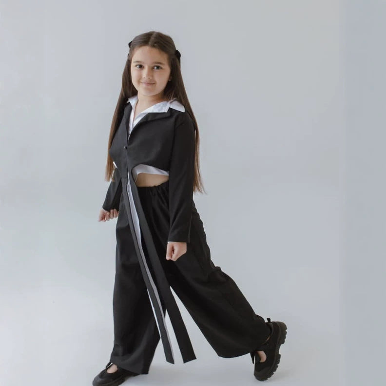 Kids' Bicolor Paneled Layered-Look Long-Sleeve Shirt + Wide-Leg Long Pants Set【mh0014741】