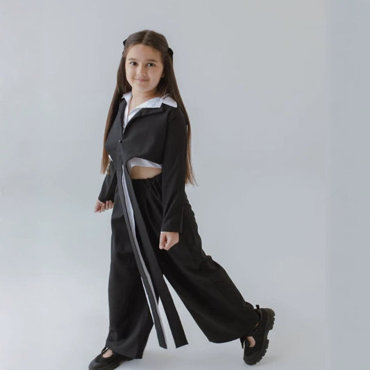 Kids' Bicolor Paneled Layered-Look Long-Sleeve Shirt + Wide-Leg Long Pants Set【mh0014741】