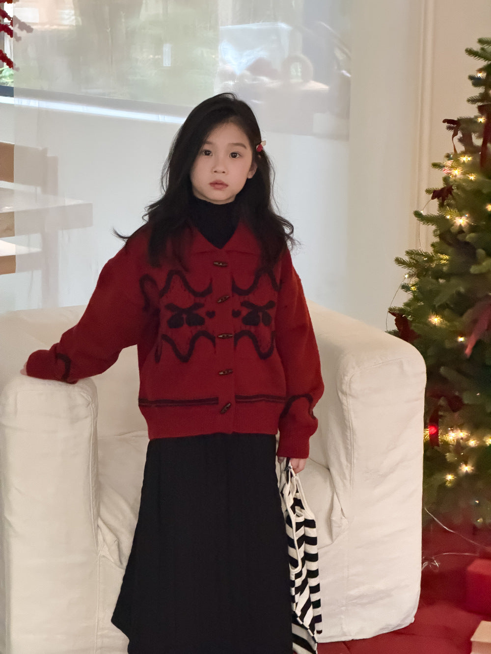 Knit jacket with collar, cherry print, thick cardigan, toggle buttons [mh0011863]