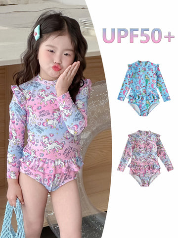 UPF50 Plus Printed Long Sleeve Ruffled Swimsuit プリント 長袖 水着【mh0012588】