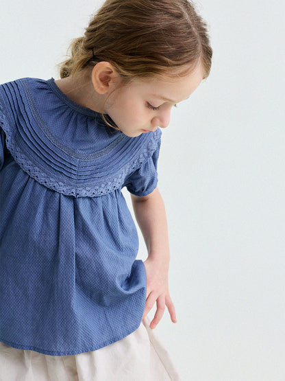 French Lace Puff Sleeve Cotton Shirt レース 半袖ブラウス【mh0013200】