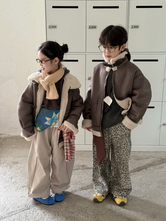 フェイクムートンジャケット キッズ ボア 厚手 ラペル フェイクレザー アウター【mh0011677】