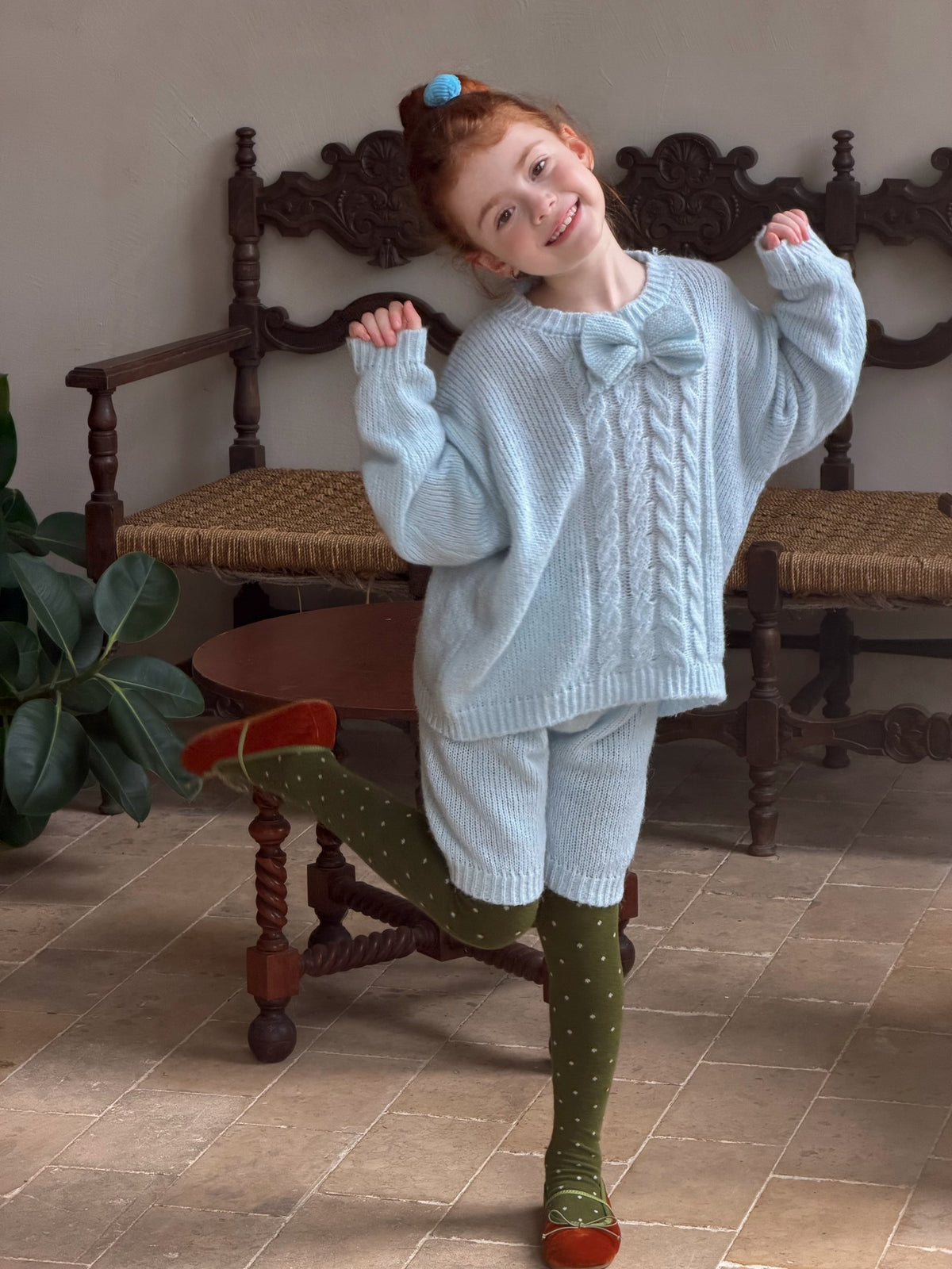 Conjunto de suéter de punto de manga larga con lazo trenzado y pantalones cortos para niños/jóvenes [mh0014365]