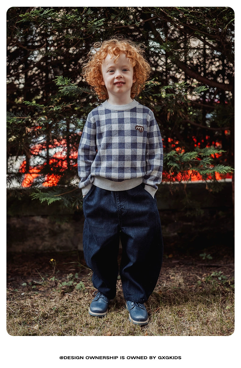 -長袖ニットセーター 綿100% チェック柄 クルーネック シンプル【mh0011341】 - mamahalo shop - ニット・セーター -  べビー服 - 子供服 - 男の子 - 女の子