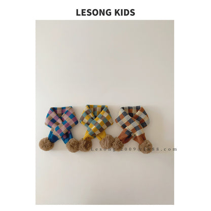 キッズマフラー カラフル ブロックチェック ぽんぽん ネックウォーマー【mh0011843】