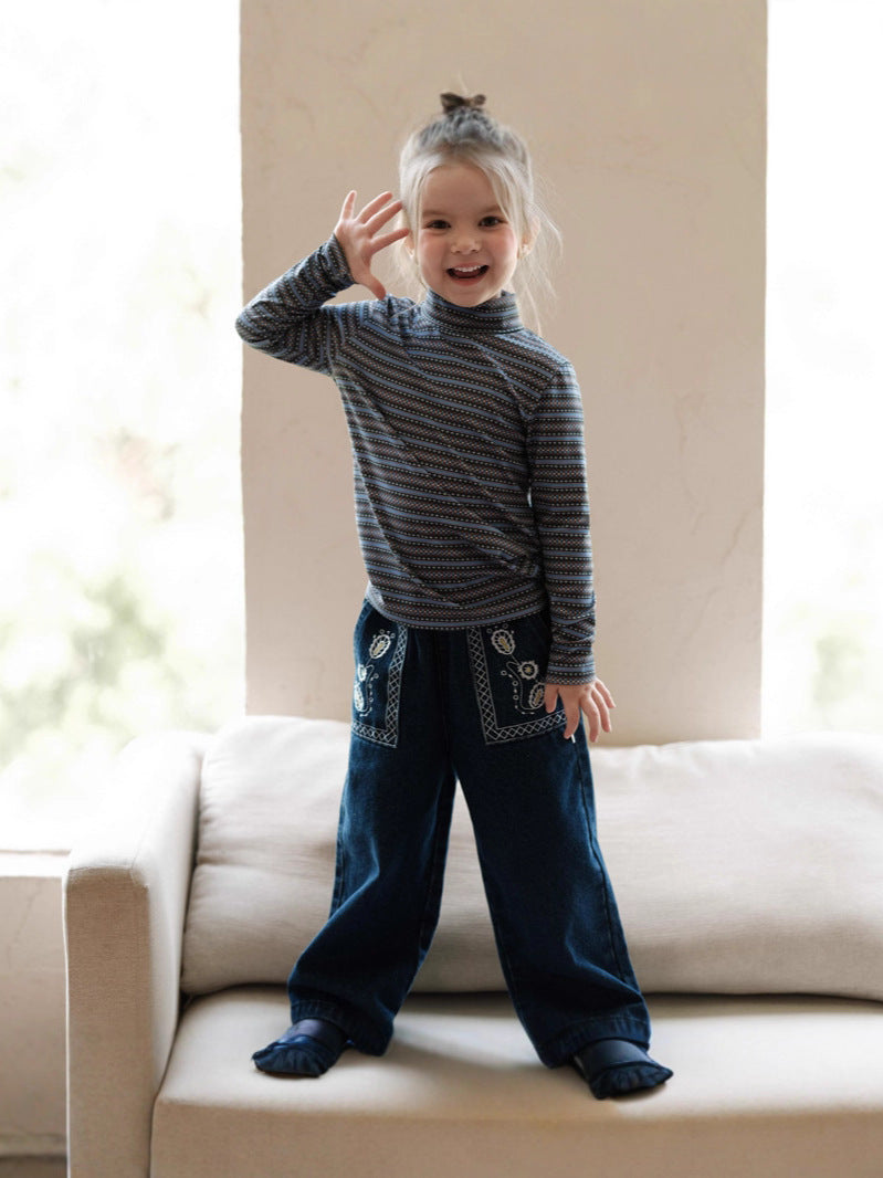 ワイドデニムパンツ 刺繍 ジーンズ キッズ 女の子 ボトムス【mh0011568】