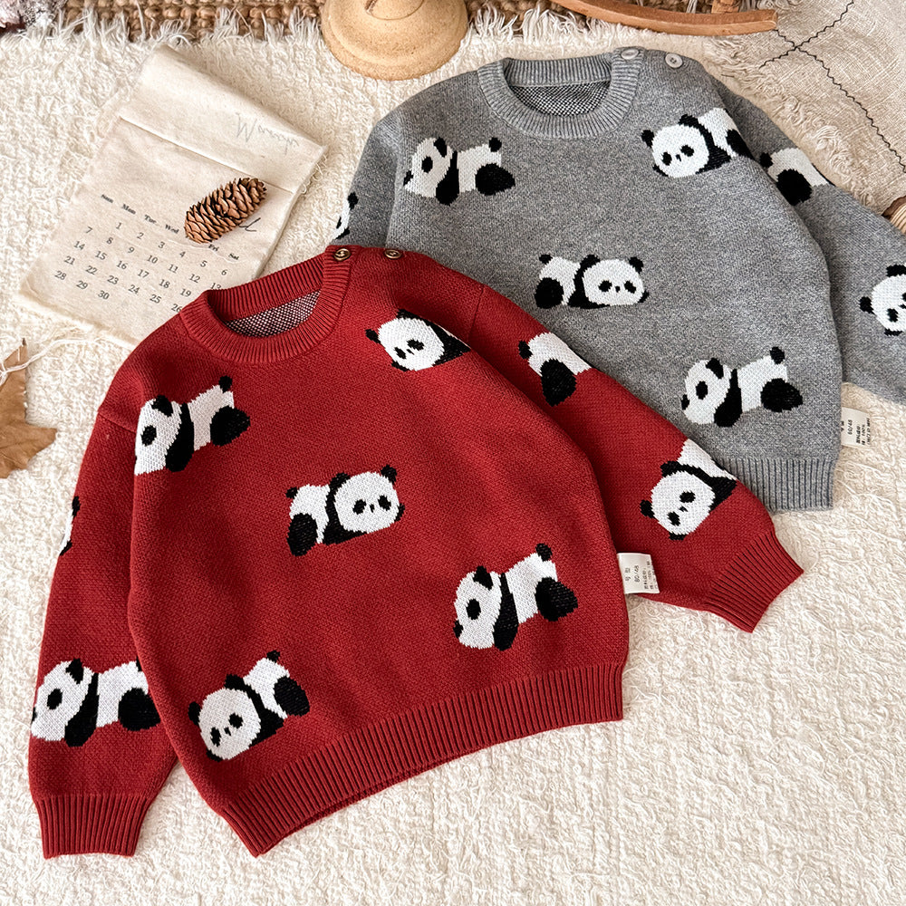 ニットセーター パンダ柄 厚手 クルーネック カジュアル トップス【mh0011691】