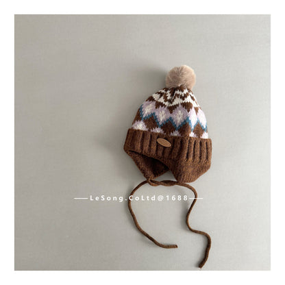 キッズ ニット帽 ノルディック柄 耳当て付き ボンボン 韓国風【mh0011593】