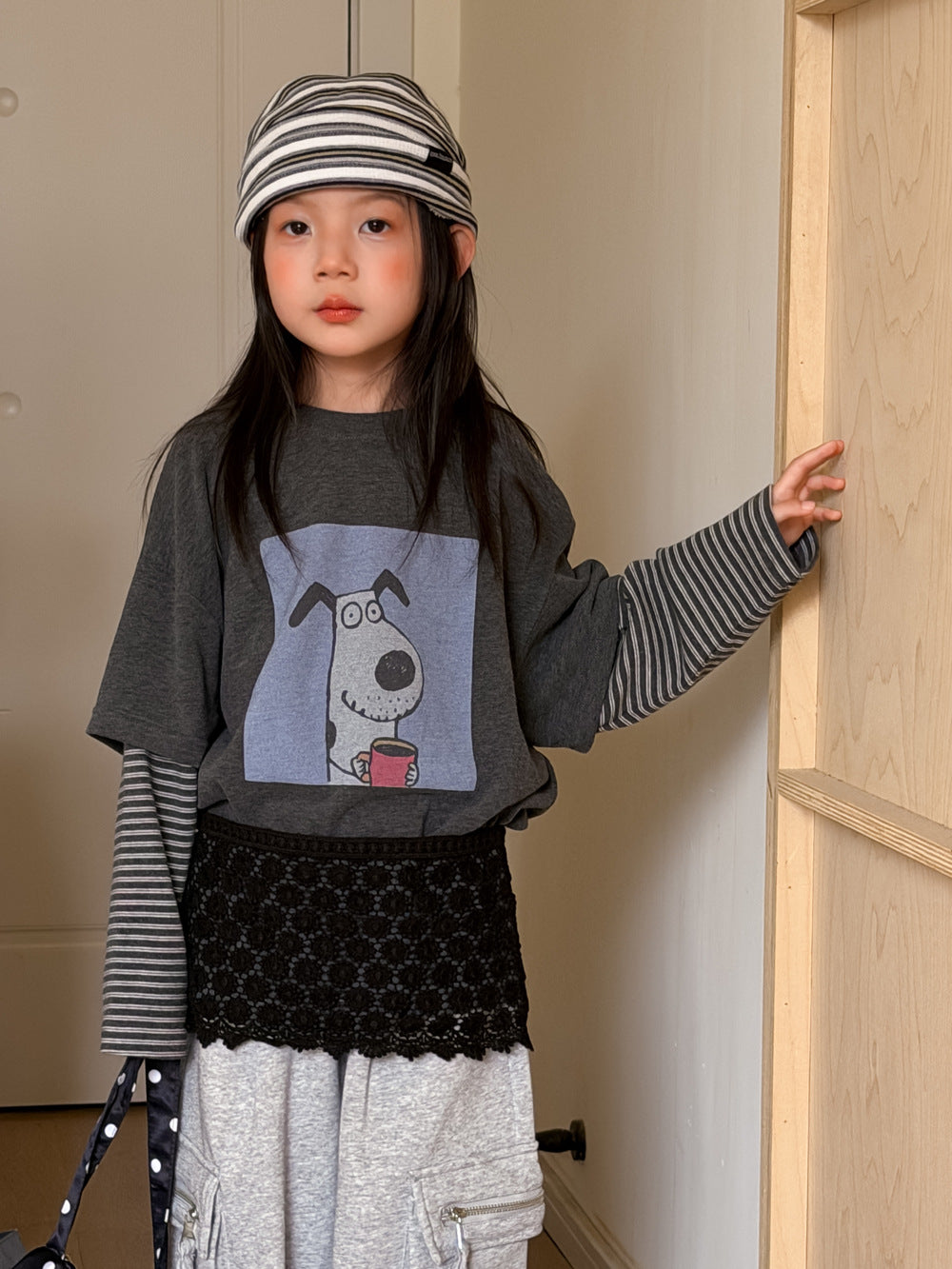キッズ ボーダー ドッグプリント 重ね着風 長袖Tシャツ【mh0013920】