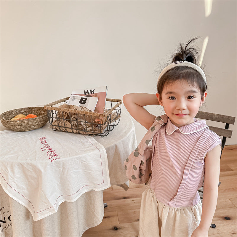 Kids' Ribbed Sleeveless T-shirt with Collar and Round Neck【mh0001795】
