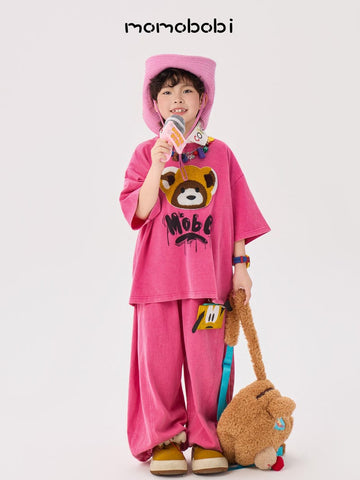 Flock Print Raccoon Tee & Wide Pants アライグマ 半袖Tシャツ ロングパンツ セット【mh0013005】 momobobi 半袖セットアップ