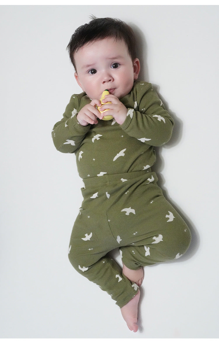 -クロワッサン/バードプリント長袖ジャンプスーツロンパース【mh0010736】 - mamahalo shop - 長袖ロンパース -  べビー服 - 子供服 - 男の子 - 女の子