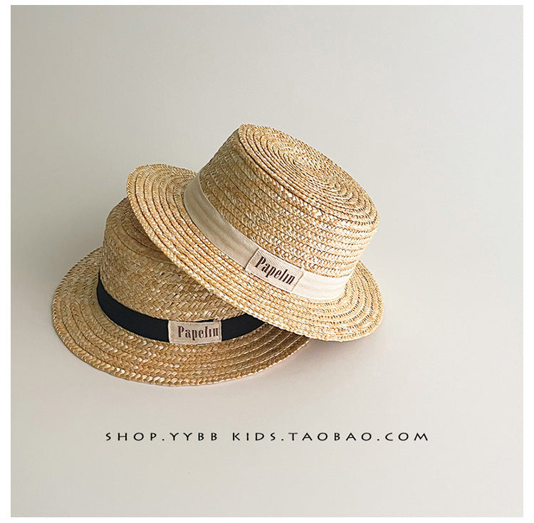 Kids' Logo Ribbon Straw Hat with Chin Strap Boater Hat [mh0000861]