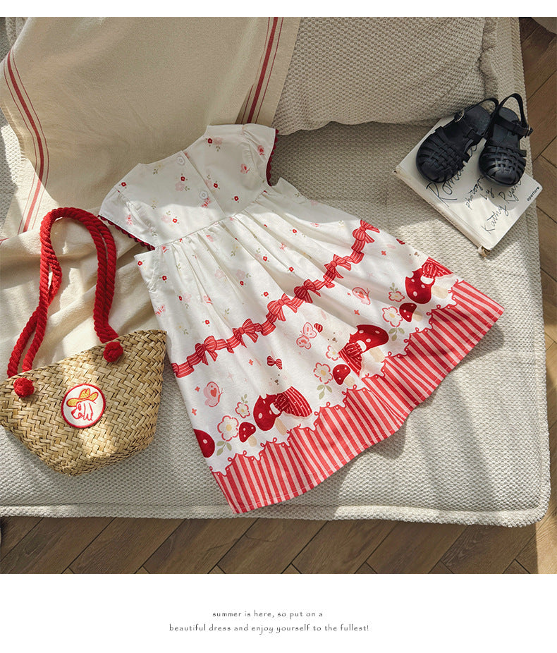 Mushroom Ribbon Print Dress リボン ノースリーブワンピース【mh0013657】