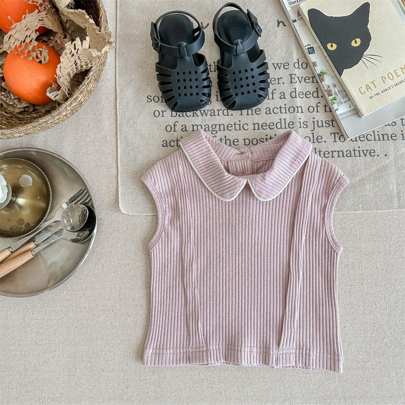 Kids' Ribbed Sleeveless T-shirt with Collar and Round Neck【mh0001795】