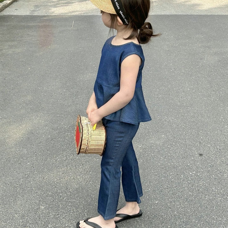Kids' Denim Sleeveless Peplum Blouse and Flare Pants Set [mh0001861]