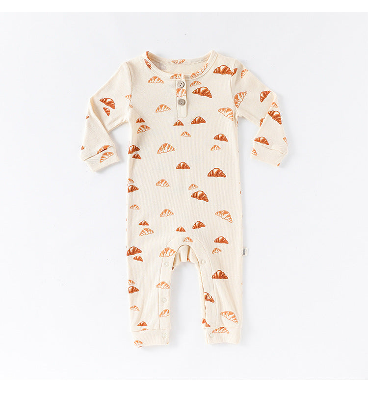 -クロワッサン/バードプリント長袖ジャンプスーツロンパース【mh0010736】 - mamahalo shop - 長袖ロンパース -  べビー服 - 子供服 - 男の子 - 女の子