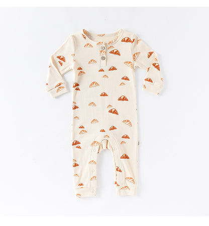 -クロワッサン/バードプリント長袖ジャンプスーツロンパース【mh0010736】 - mamahalo shop - 長袖ロンパース -  べビー服 - 子供服 - 男の子 - 女の子