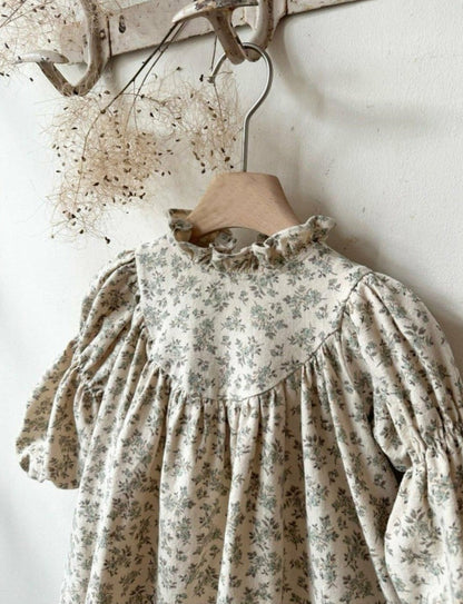 長袖ロンパース 小花柄プリント フリルスタンドカラー バブルスリーブ【mh0011851】