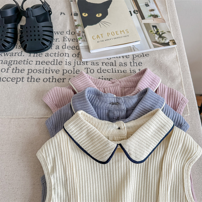 Kids' Ribbed Sleeveless T-shirt with Collar and Round Neck【mh0001795】