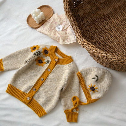キッズ サンフラワー フラワー 刺繍 帽子付き ニット カーディガン【mh0014531】