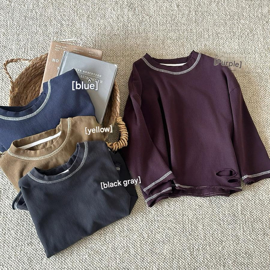 Kids' Distressed Stitch Loose Crewneck Long Sleeve T-Shirt [mh0014304]