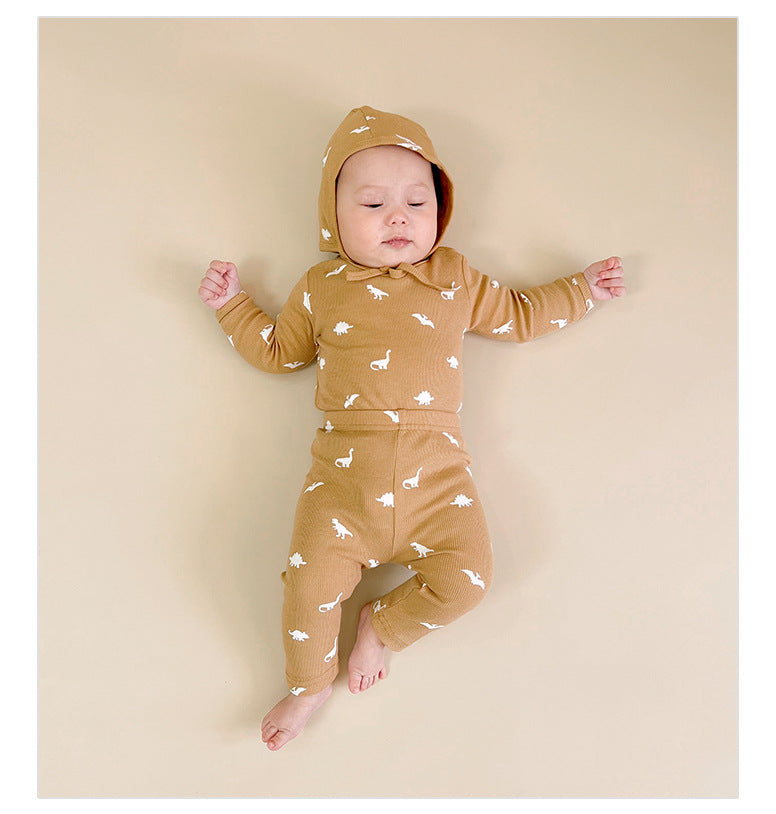 -ダイナソー/ムーン/フラワープリント長袖ボディスーツ/ロングパンツ【mh0010754】 - mamahalo shop - ロンパースセットアップ -  べビー服 - 子供服 - 男の子 - 女の子