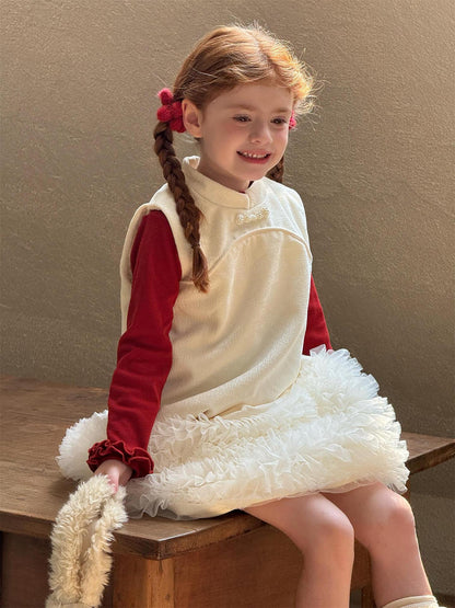 ノースリーブワンピース チュールフリルスカート フリース チャイナドレス【mh0011766】