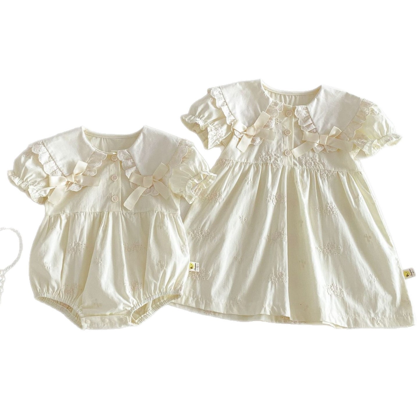 Baby Kids Lace Collar Ribbon Embroidery Puff Sleeve Short Sleeve Romper Dress [mh0013846]