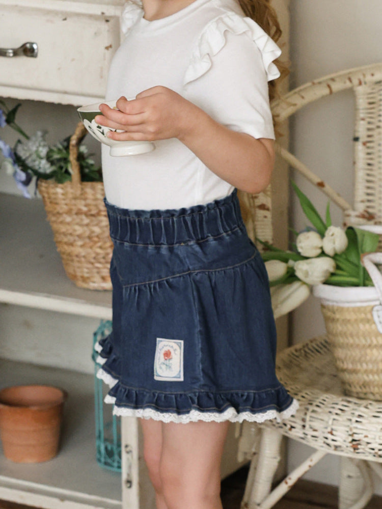 Lace Print Denim Shorts フリル デニムショートパンツ【mh0012981】