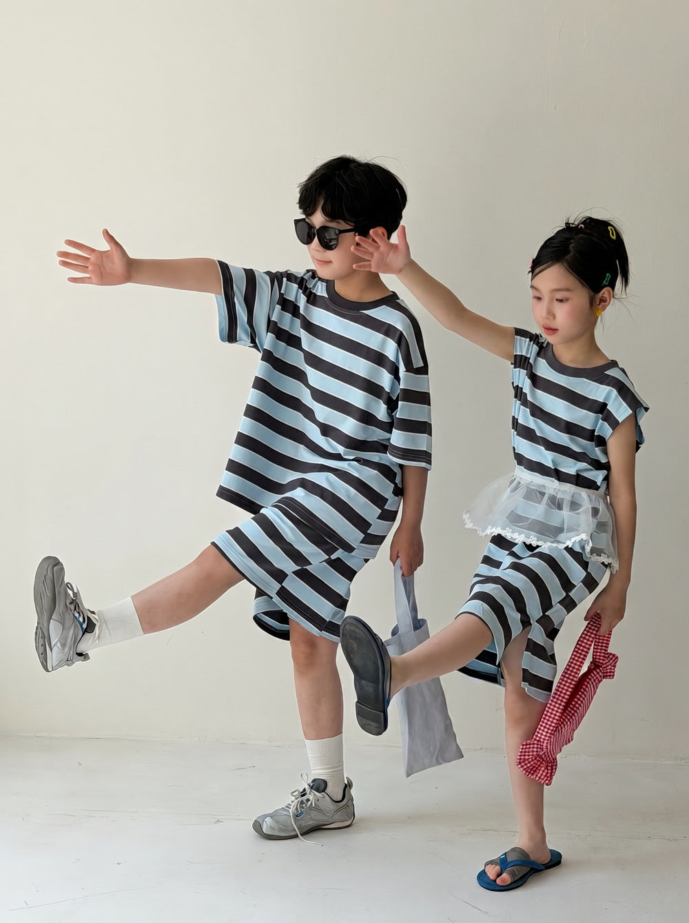 Casual Stripe Loose Dress Set ボーダー 半袖Tシャツ ハーフパンツ セット ノースリーブワンピース【mh0013537】