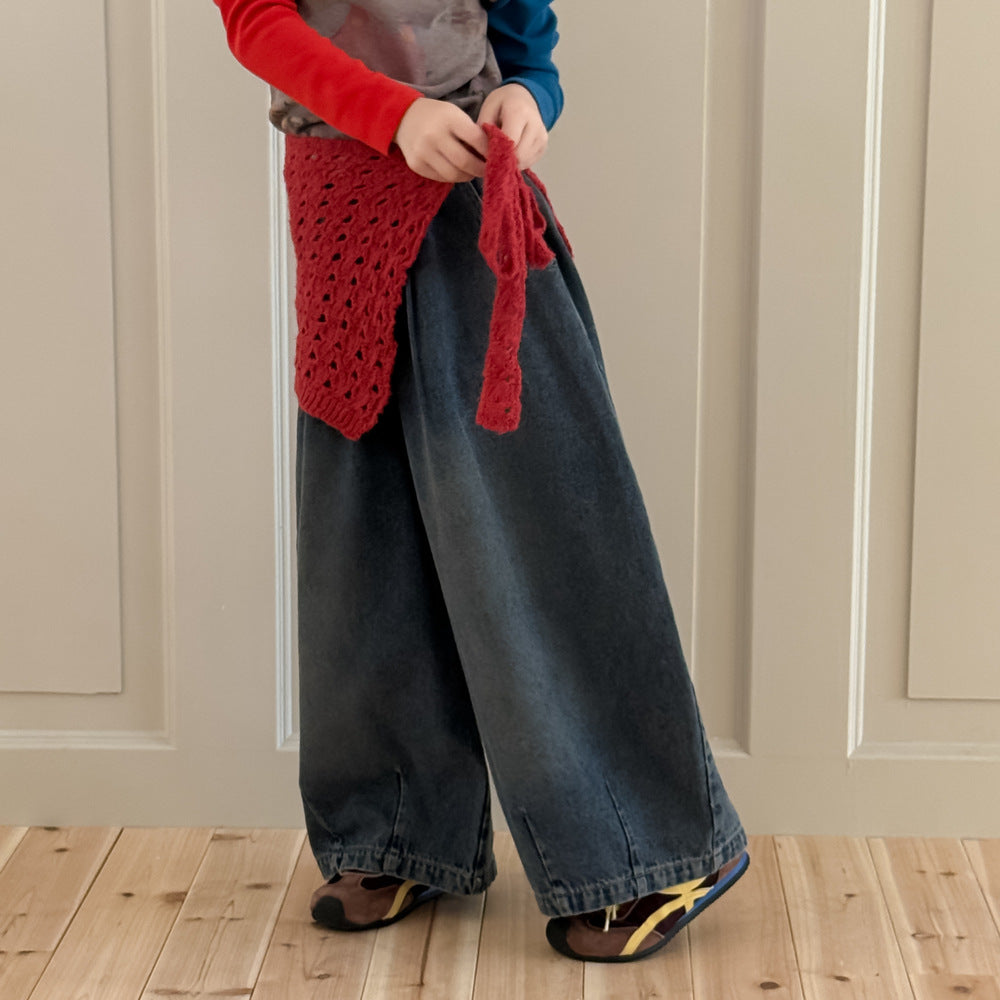 -プリーツ切り替えデニムワイドパンツジーンズ【mh0010767】 - mamahalo shop - デニムパンツ -  べビー服 - 子供服 - 男の子 - 女の子